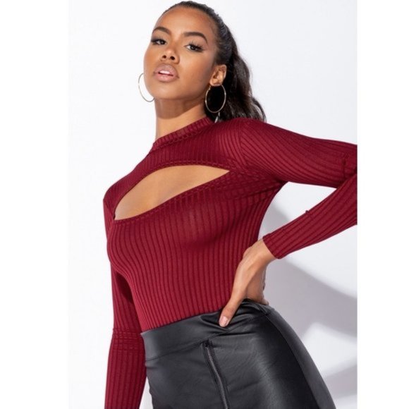 Burgundy Rib Knit Long Sleeve High Neck Cutout Bodycon Bodysuit Leotard Top - Picture 5 of 8